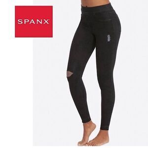 SPANX Black Pull On Ankle Distressed Tummy Control Skinny Jeans Size L